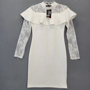 Edge Street ES1 Cream Stretch Bodycon Dress Midi Preppy 3/4 Sleeve NEW Womens 10